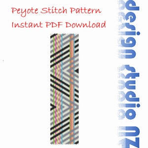 May include: Peyote stitch pattern for beading, featuring a geometric design with black, white, gray, pink, blue, green, and yellow beads. Instant PDF download.  "Zu design studio" is written in blue text.