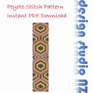 May include: A peyote stitch pattern for beading, featuring a geometric design with orange, green, purple, red, and white beads. The pattern is available as an instant PDF download. The text "Peyote Stitch Pattern Instant PDF Download" is at the top of the image. The text "Zu Design Studio" is on the right side of the image.