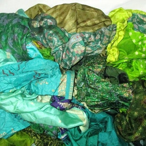 Pure Sari Silk Lot vintage Sari Fabric Material Remnant 100 Grams Green Shades Craft Scrapbook Quilt Art Doll Junk Journal Inde BOHO Couture image 2