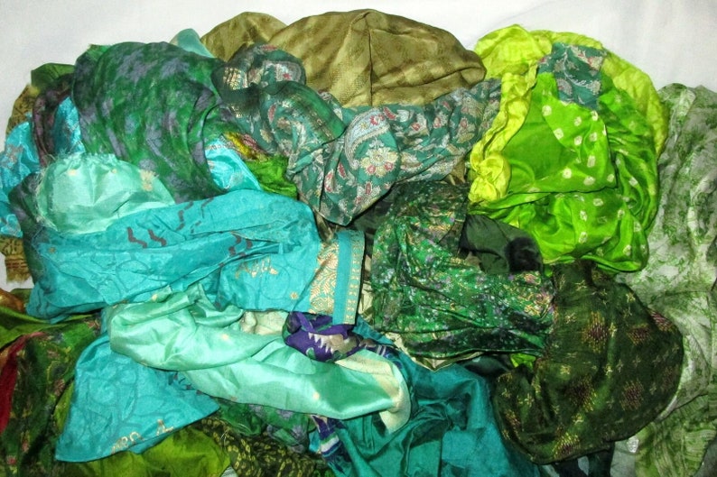 Pure Sari Silk Lot vintage Sari Fabric Material Remnant 100 Grams Green Shades Craft Scrapbook Quilt Art Doll Junk Journal Inde BOHO Couture image 2