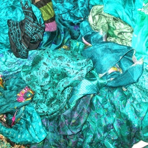 Pure Sari Silk Lot Vintage Sari Fabric Material Remnant 100 Grams PckGreen Shades Craft Scrapbook Quilt Art Doll Junk Journal BOHO Sewing