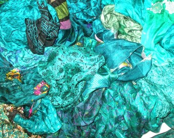 Pure Sari Silk Lot Vintage Sari Fabric Material Remnant 100 Grams PckGreen Shades Craft Scrapbook Quilt Art Doll Junk Journal BOHO Sewing