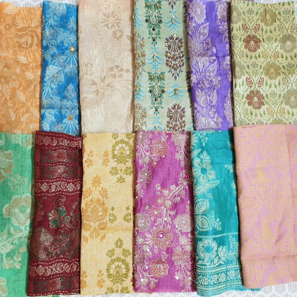 Pure Sari Silk Fabric Embroidered Remnants WOVWN 8 inch * 8 inch pieces, 12 pieces!! DS31 BAG UN3
