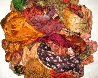 Pure Sari Silk Lot Vintage Sari Fabric Material Remnant 100 Grams Brown Shades Craft Scrapbook Quilt Art Doll Junk Journal BOHO Sewing