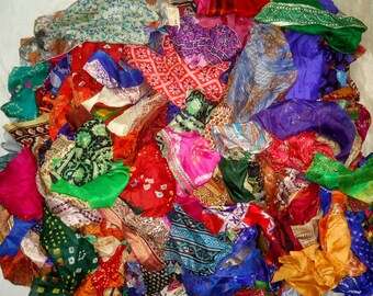 ART Sari Silk  Lot Vintage Sari Fabric Material Remnant Many Colors Navy Blue Pink Red Small Flower Big Flower Mixed