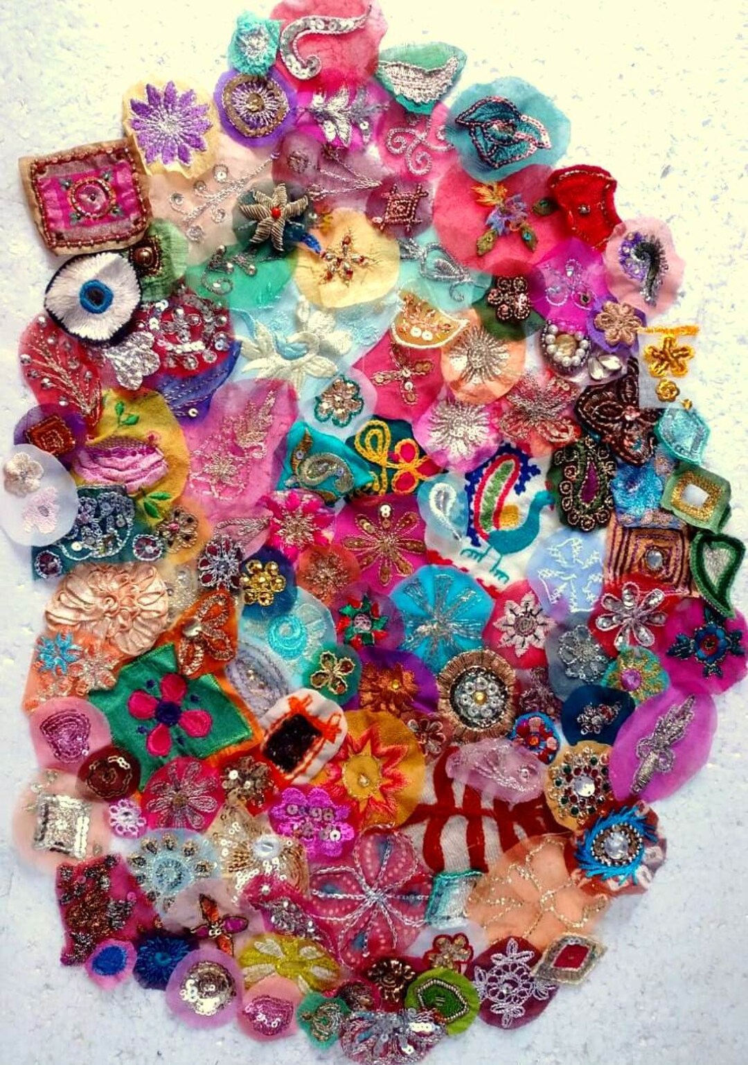 Fabric Appliques Sari Silk 100 VERY SMALL Appliques Vintage Embroidered