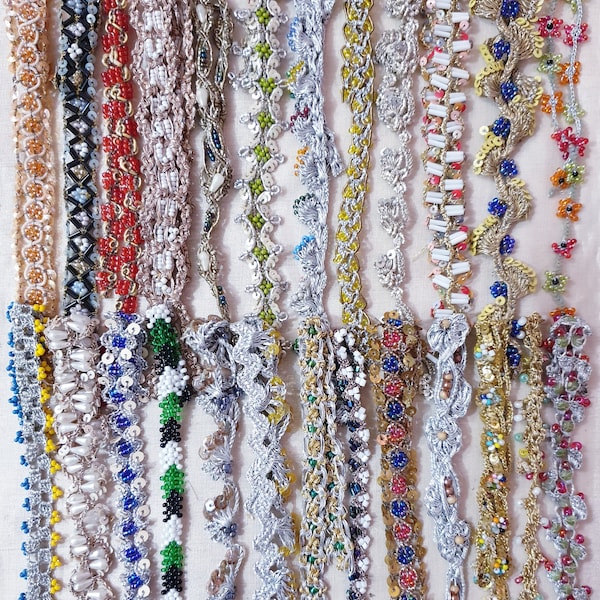 Vintage Sari Trim Lace Ribbon Border GLASS BEADS VERy THIn  RARe lot Antique 25Pcs Art Craft Scrapbook Decor India Journal G4 Bagno UN5