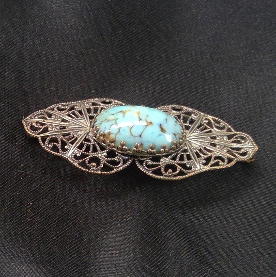 Vintage Czech Turquoise Glass & Faux Pearls Brass Filigree Floral Round Brooch