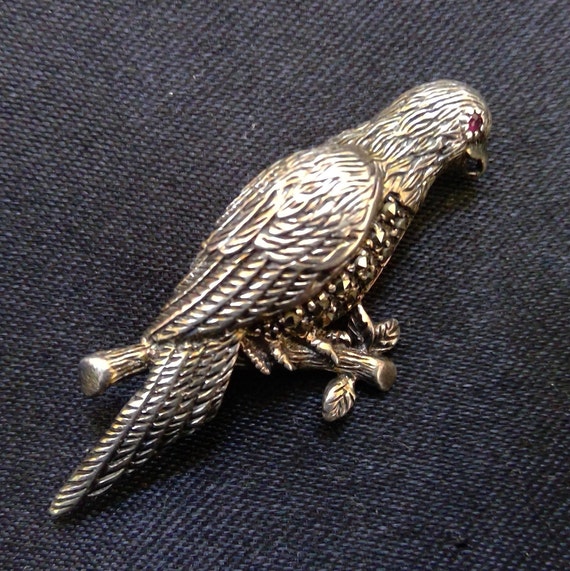 Silver 925 ruby eyed ,marcasite body parrot brooch - image 1