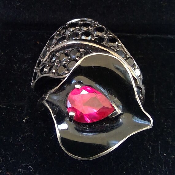 Ruby ,Jet & Enamel silver ring - image 2