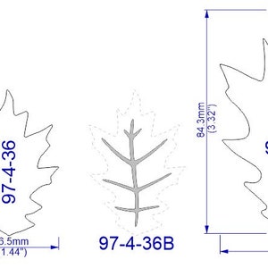 May include: Five different sizes of oak leaf stencils, ranging from 1.58 inches to 2.20 inches in width. The stencils are labeled with their size and a number code.