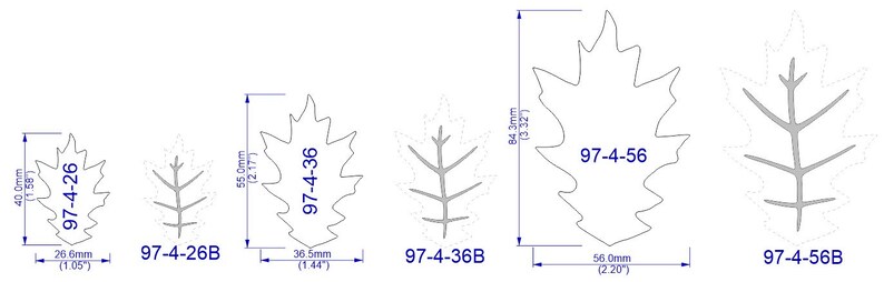 May include: Five different sizes of oak leaf stencils, ranging from 1.58 inches to 2.20 inches in width. The stencils are labeled with their size and a number code.