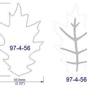 May include: A black and white line drawing of an oak leaf with the text "97-4-56" and a gray outline of the same leaf with the text "97-4-56B". The leaf is 84.3 mm (3.32 inches) tall and 56.0 mm (2.20 inches) wide.