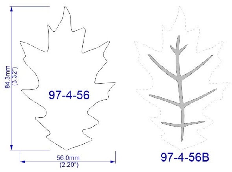May include: A black and white line drawing of an oak leaf with the text "97-4-56" and a gray outline of the same leaf with the text "97-4-56B". The leaf is 84.3 mm (3.32 inches) tall and 56.0 mm (2.20 inches) wide.