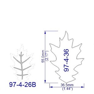 May include: Three different sizes of oak leaf stencils, labeled 97-4-26, 97-4-26B, and 97-4-36. The stencils are outlined in black and measure 1.58 inches, 1.05 inches, and 1.44 inches in width, respectively.