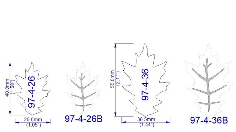 May include: Three different sizes of oak leaf stencils, labeled 97-4-26, 97-4-26B, and 97-4-36. The stencils are outlined in black and measure 1.58 inches, 1.05 inches, and 1.44 inches in width, respectively.
