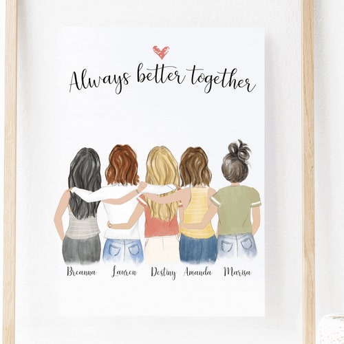 6 Best Friends Drawing Six Besties Print Friendship Poster Six Etsy