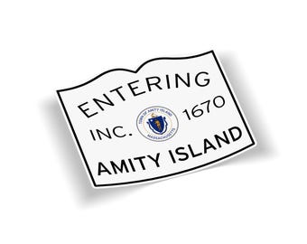 Entering Amity Island Sticker | Jaws Movie Town Sign | Waterproof Vinyl Decal | Laptop Car Bumper | Massachusetts Movie Fan Gift