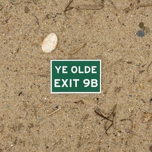 Peut inclure: Un panneau rectangulaire vert et blanc avec le texte "YE OLDE EXIT 9B" est posé sur du sable. Le sable, des brindilles et un coquillage blanc entourent le panneau.