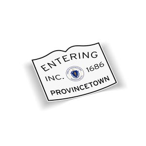 May include: A white sticker with a black border featuring the text "ENTERING INC. PROVINCETOWN 1686". The sticker includes a circular emblem with a blue and gold design. The sticker has a wavy top edge and is slightly angled.
