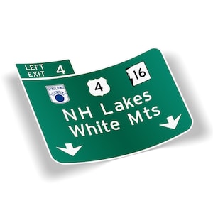 May include: Green highway sign with white text and arrows. The sign reads "Left Exit 4 NH Lakes White Mts" with a smaller sign reading "16" in the top right corner.
