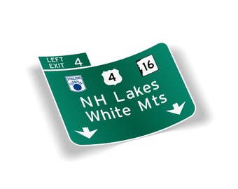 New Hampshire Lakes and White Mountains I-95 Exit 4 Highway Sign Bumper Sticker - Outdoor Waterproof Cargo Box Car Truck Laptop Decal