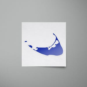 May include: A blue silhouette of a crescent-shaped island on a white background.