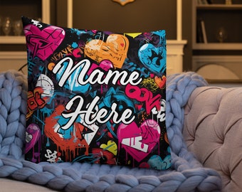 Personalized Graffiti Premium Pillow, Custom Name UrbanPillow, Customized Street Art Pillow, Cityscape Art Cushion, Art Spray Decor Pillow