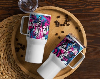 Personalized Graffiti Travel Mug with a Handle, Custom Name Street Art Mug, Urban Travel Cup, Graffiti Drinkware, Custom Hip Hop Coffee Cup