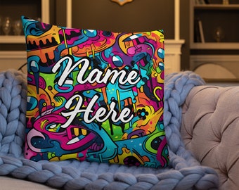 Personalized Graffiti Premium Pillow, Custom Name UrbanPillow, Customized Street Art Pillow, Cityscape Art Cushion, Art Spray Decor Pillow