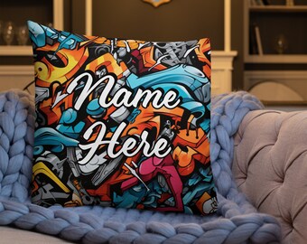 Personalized Graffiti Premium Pillow, Custom Name UrbanPillow, Customized Street Art Pillow, Cityscape Art Cushion, Art Spray Decor Pillow