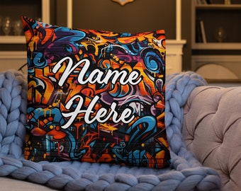 Personalized Graffiti Premium Pillow, Custom Name UrbanPillow, Customized Street Art Pillow, Cityscape Art Cushion, Art Spray Decor Pillow