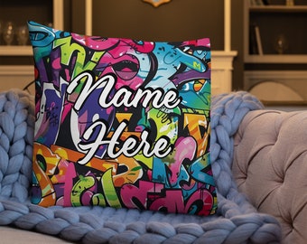 Personalized Graffiti Premium Pillow, Custom Name UrbanPillow, Customized Street Art Pillow, Cityscape Art Cushion, Art Spray Decor Pillow