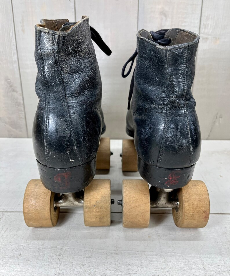 Antique Black Leather Wooden Wheel Chicago Roller Skate Co. Roller