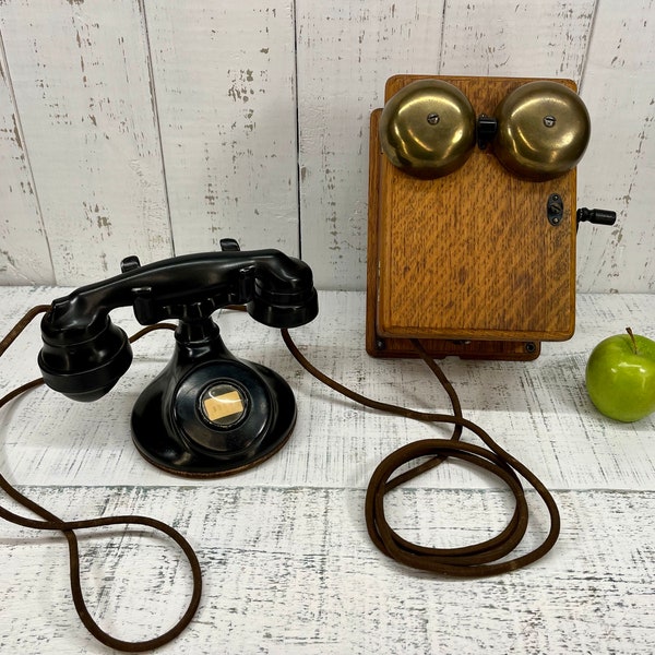 Antique Hand Crank Wall Box and Desk Telephone / 1920's Western Electric, Northern Electric Company Telephone.