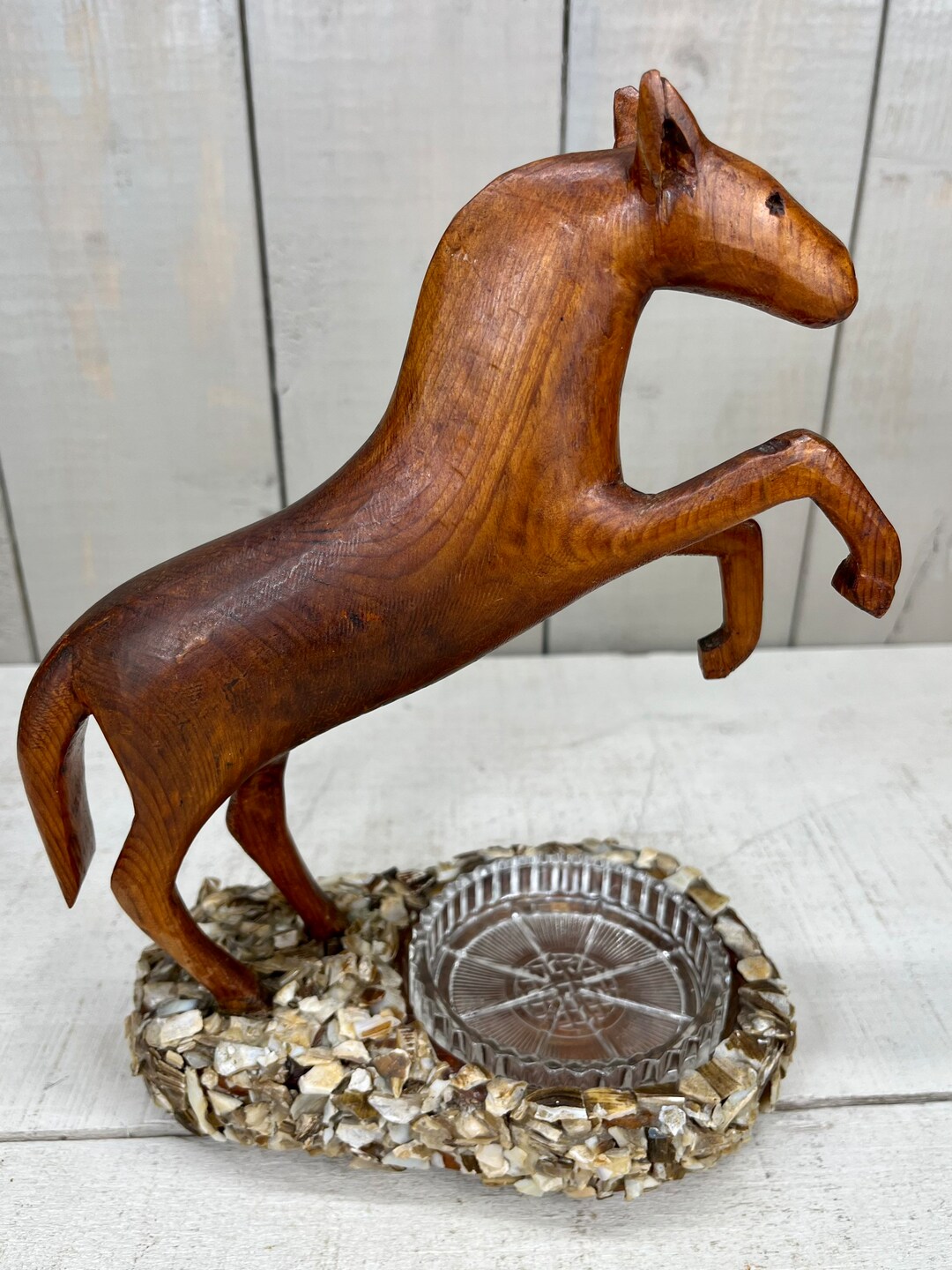 Vintage 1930's Carved Wooden Horse Figurine Dish / Folk Art Rearing