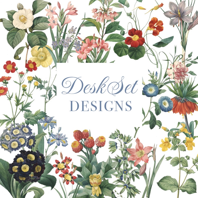 May include: A white background with a variety of colorful flowers and the text "Desk Set DESIGNS" in blue.