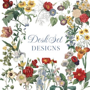 May include: A botanical illustration featuring a variety of colorful flowers, including red roses, yellow sunflowers, and blue morning glories, arranged around the text "Desk Set DESIGNS" in a decorative font.