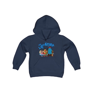May include: Navy blue hooded sweatshirt featuring a cartoon illustration with the text "The Last Splash" in light blue. The graphic depicts several figures in colorful attire. The sweatshirt has a front pocket and a hood.