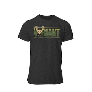May include: A dark heather grey t-shirt with a green and gold graphic of Loki's helmet and the word "VARIANT" printed on the front.