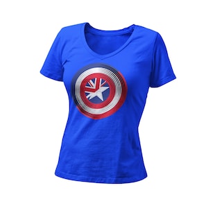 Koszulka damska Captain Shield z dekoltem w serek | Grafika komiksowa Carter Superhero Shield | Koszulka Peggy America Mashup | Koszulka Comic Con WDW Orlando
