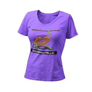 Donutello Women's V Neck T-Shirt | Saturday Morning Cartoon Doughnut Tshirt | Doughnutello Teenage Ninja Dessert Graphic Tee Shirt