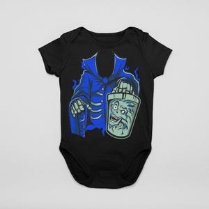 May include: Black baby onesie with a blue ghost holding a bucket with a face on it.