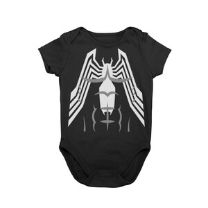 May include: Black baby onesie with a white and gray Venom symbol on the front.