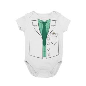 May include: White baby onesie with a printed image of a doctor's lab coat, green plaid shirt, and green tie. The onesie has a name tag that says "name tag".
