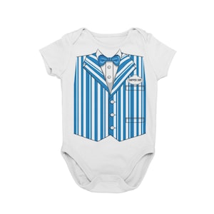 May include: White baby onesie with a blue and white striped vest, a blue bow tie, and a name tag that says "Dapper Dan".