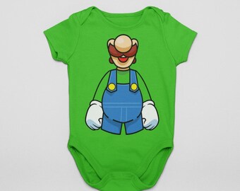 Green Plumber Baby Costume Bodysuit | Classic Video Game Style Baby Outfit | First Halloween Baby Costume | Retro Gamer Baby Cosplay |MNSSHP