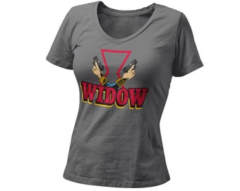 Comic Widow Women’s Fitted V Neck Shirt | Dark Widow Female Superhero Printed Graphic Tee | Comic Con Cinematic Universe WDW Orlando Tshirt