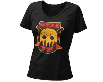 Camp Crystal Lake Women’s Fitted V Neck Shirt | Friday the 13th Tee | Halloween Horror T-Shirt | Retro 80s Horror Movie Tee |Summer Camp