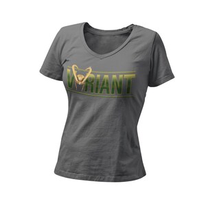 May include: Gray V-neck t-shirt with a green and gold graphic of a Loki variant with the word "VARIANT" in green letters.
